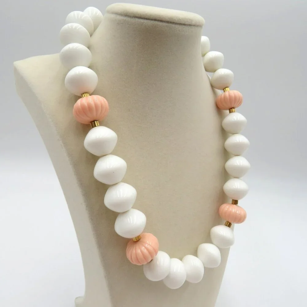 Vintage Chunky Beaded Necklace White Pink Melon Gold Tone Spacer Costume Jewelry